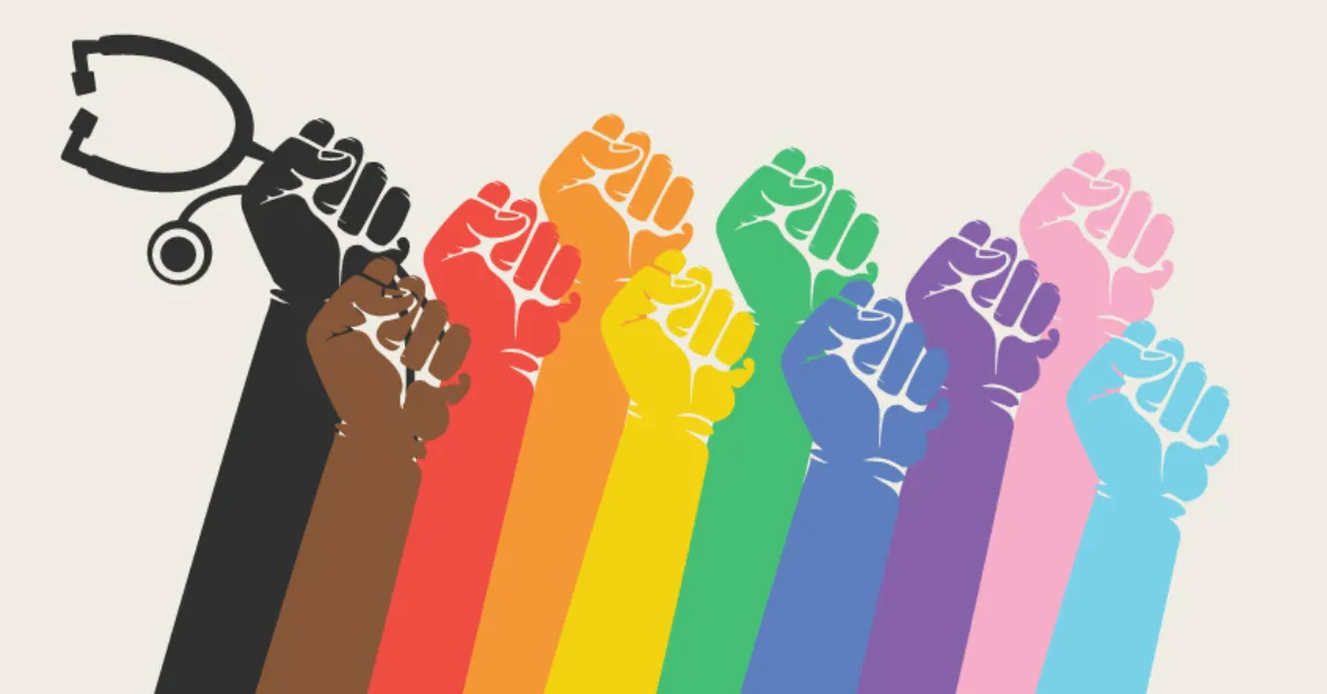 Graphic of pride flag colored raised fists