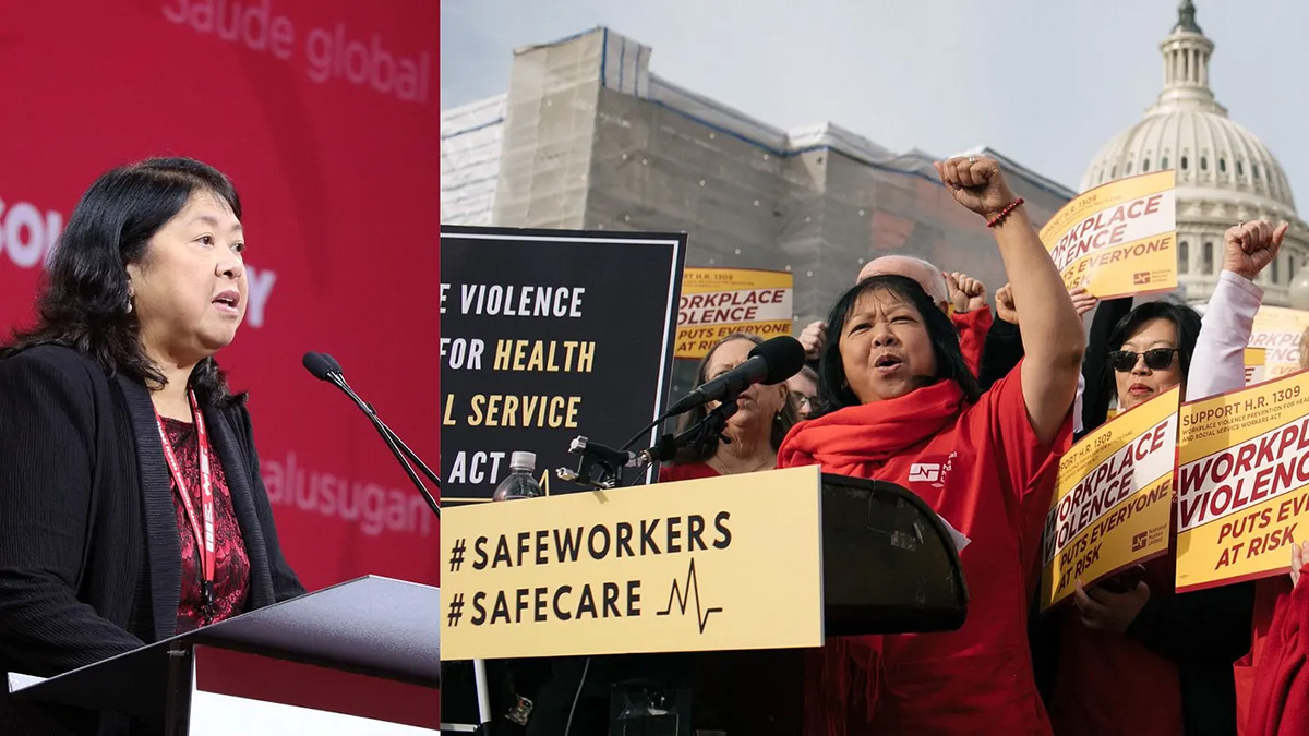 NNU President Zenei Trunfo-Cortez, RN, speaking at Global Nurses Solidarity Assembly in San Francisco in 2019, and in Washington, D.C